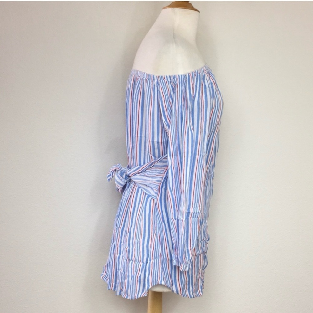 Lucy Love Blue White Stripe Off Shoulder Balloon Sleeve Blouse Tunic Size Large - Picture 4 of 16